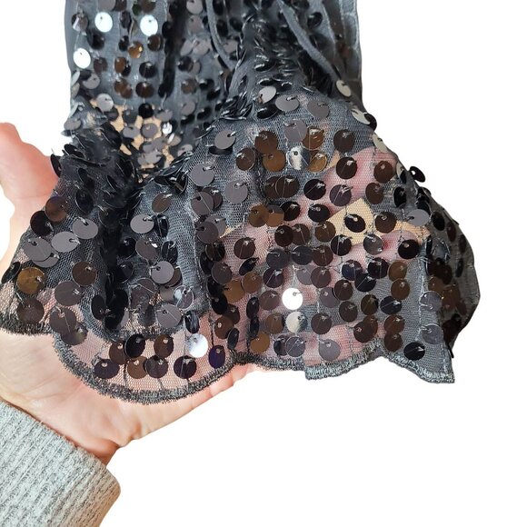 Black Sequin Scarf With Sheer Fabric Lightweight Elegant Design 21" Wide x 35.5" - Picture 4 of 16